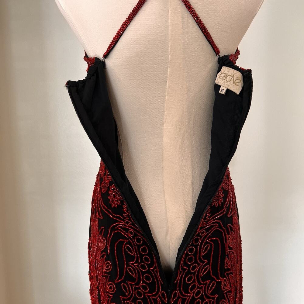 XS Cache Silk Black Red Beaded Dress Vamp Y2K Dramatic Goth Witchy Glam Luxe 90s - Picture 9 of 13